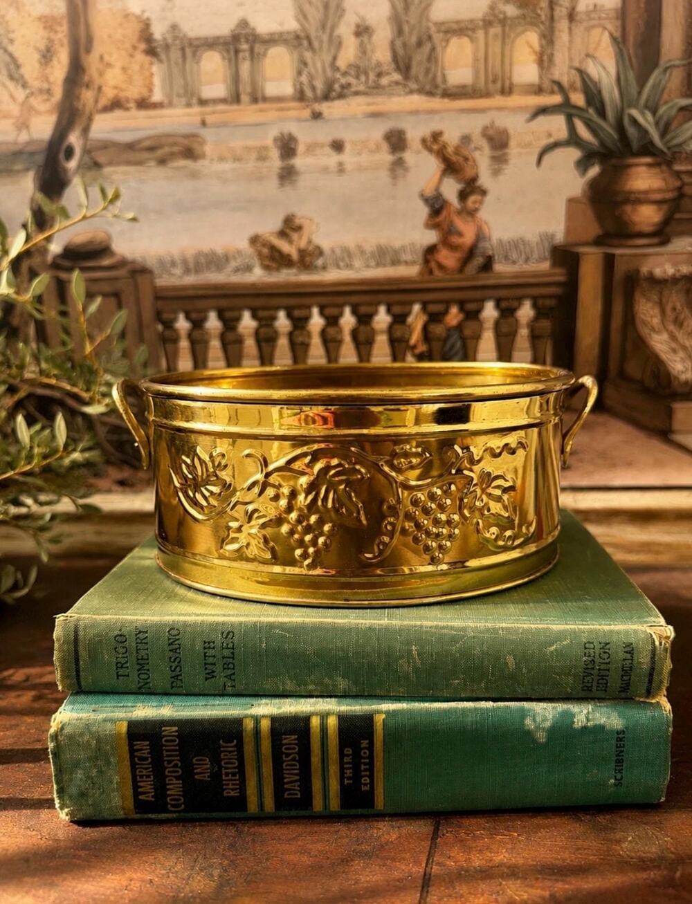Vintage Hosley Brass Cachepot Planter, Embossed Grapevine Design Oval Jardinière